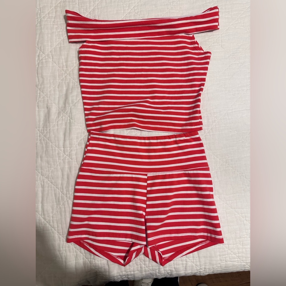 Striped Off-Shoulder Top & Shorts - Red and White - Picture 2 of 3